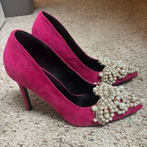 Velvet pink heels with pearl accents